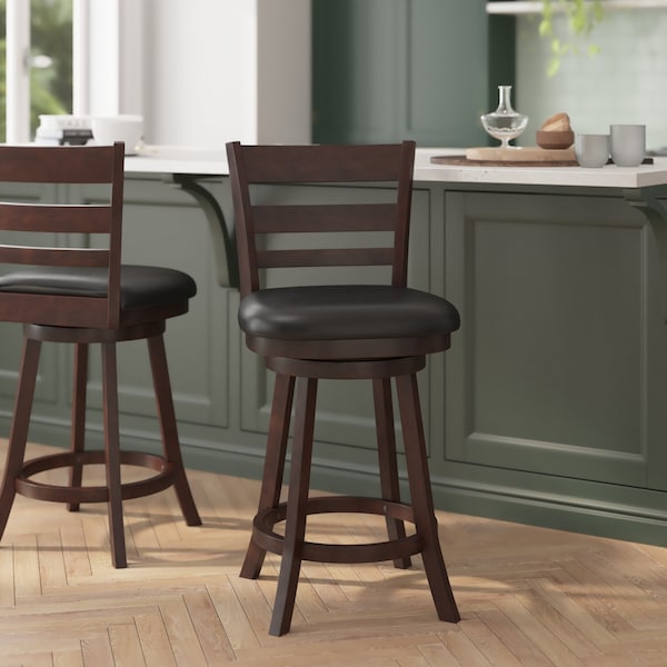 Flash Furniture Zerrick Commercial Wood Classic Ladderback Swivel Counter Stool w/Black LeatherSoft Seat, Espresso ES-UN3-24-ESP-GG - main